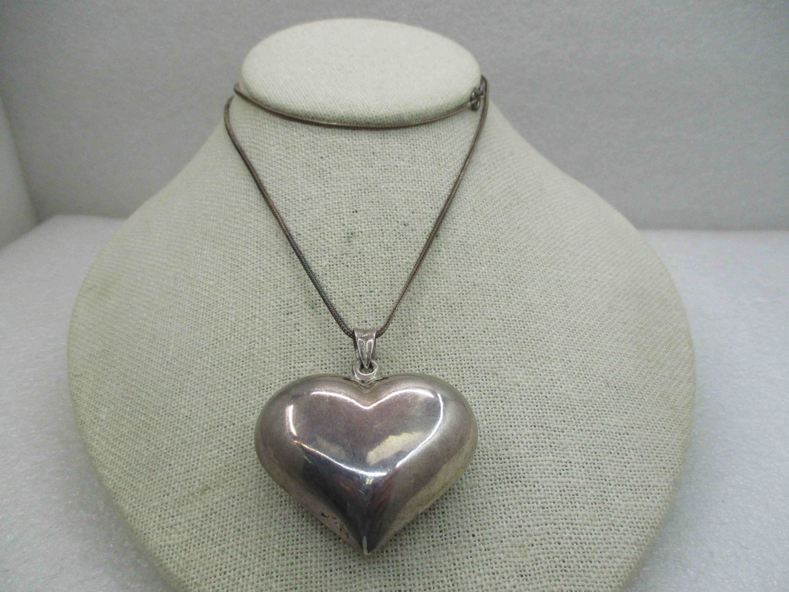 Vintage Sterling Puffy Heart Necklace, 24" 1.6mm: Vintage Sterling Puffy Heart Necklace, 24" 1.6mm foxtail link chain with spring clasp, signed Italy. The heart is 2" long from the bail and 1-7'8" wide. it is a puffy design at 16mm thick. Weight is a