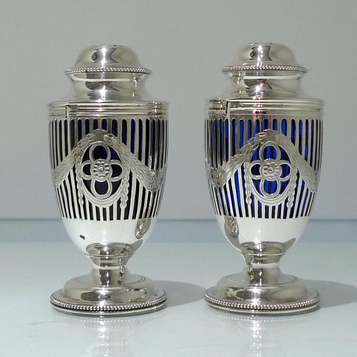Early 20th Century Antique George V Sterling Silver: Title: Early 20th Century Antique George V Sterling Silver Pair Sugar Casters London 1911 Charles Stuart Harris Subtitle: A decorative pair of early 20th century silver bead border sugar casters. Desc