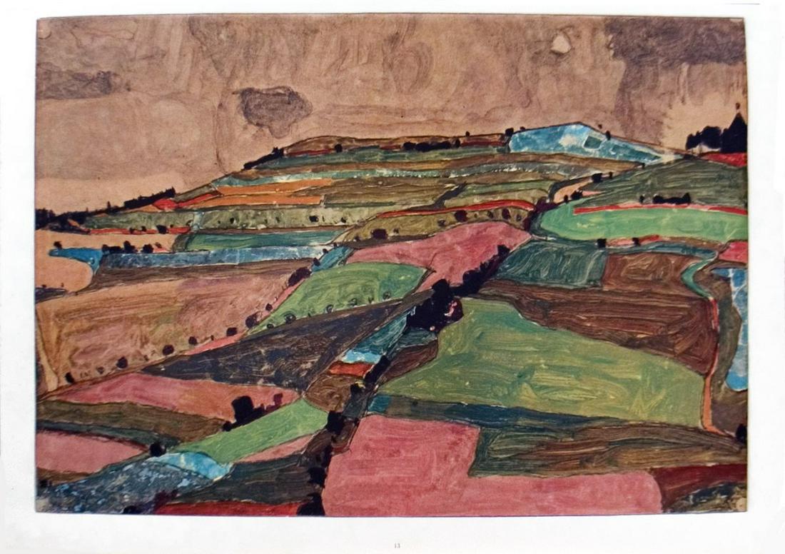 Egon Schiele: Austrian landscape: Title: Austrian landscape Artist: Egon Schiele Additional Information: "Austrian landscape" by Egon Schiele, 1968 Unsigned . Paper size is 13.75 x 19.5 inches, with an image size of 12.25 x 17.5 inche
