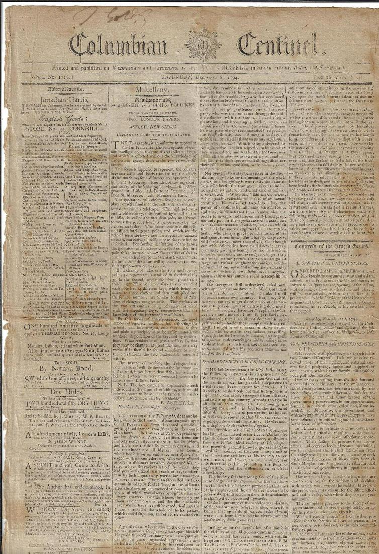 1794 Newspaper George Washington Whiskey Rebellion: The December 6, 1794 issue of the Columbian Cebtinel printed at Boston by Benjamin Russell. Responses by John Adams to George Washington's State of the Union address followed by his response and also