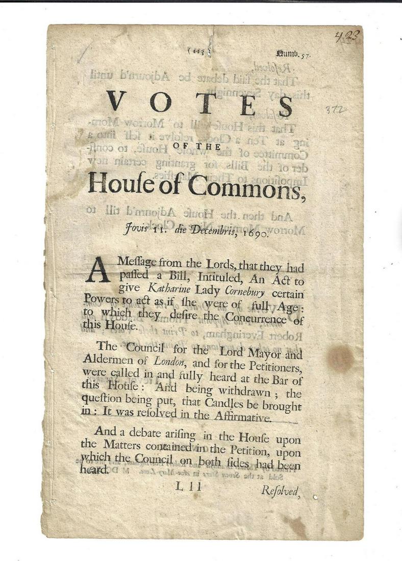 1690 Newspaper Votes of the House of Commons: The December 11, 1690 issue of "Votes of the House of Commons", two pages complete, printed at London by Thomas Braddyll and Robert Everingham. Interesting coverage of session that lasted late into th
