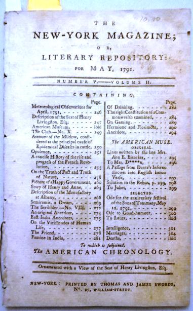1791 New York Magazine Happy Government: The May 1791 issue of “The New-York Magazine or Literary Repository”, printed by Thomas and James Swords. 60 pages, lacking plate else complete. Content including continuation of an essay by John 
