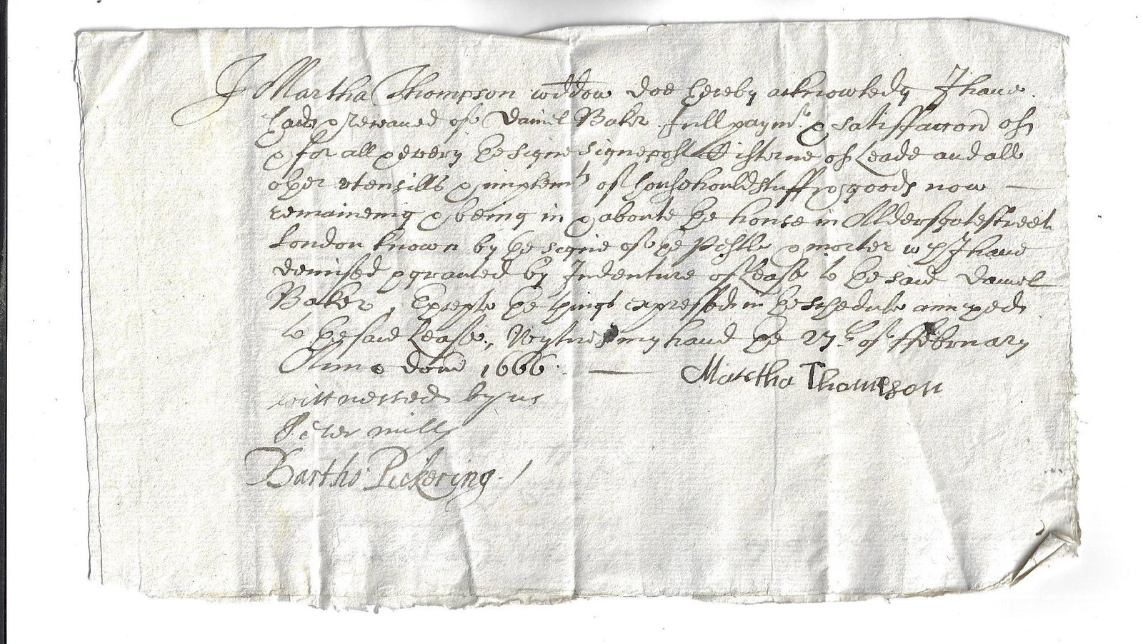 1666 Manuscript Receipt of Goods London Signed (1 of 2)