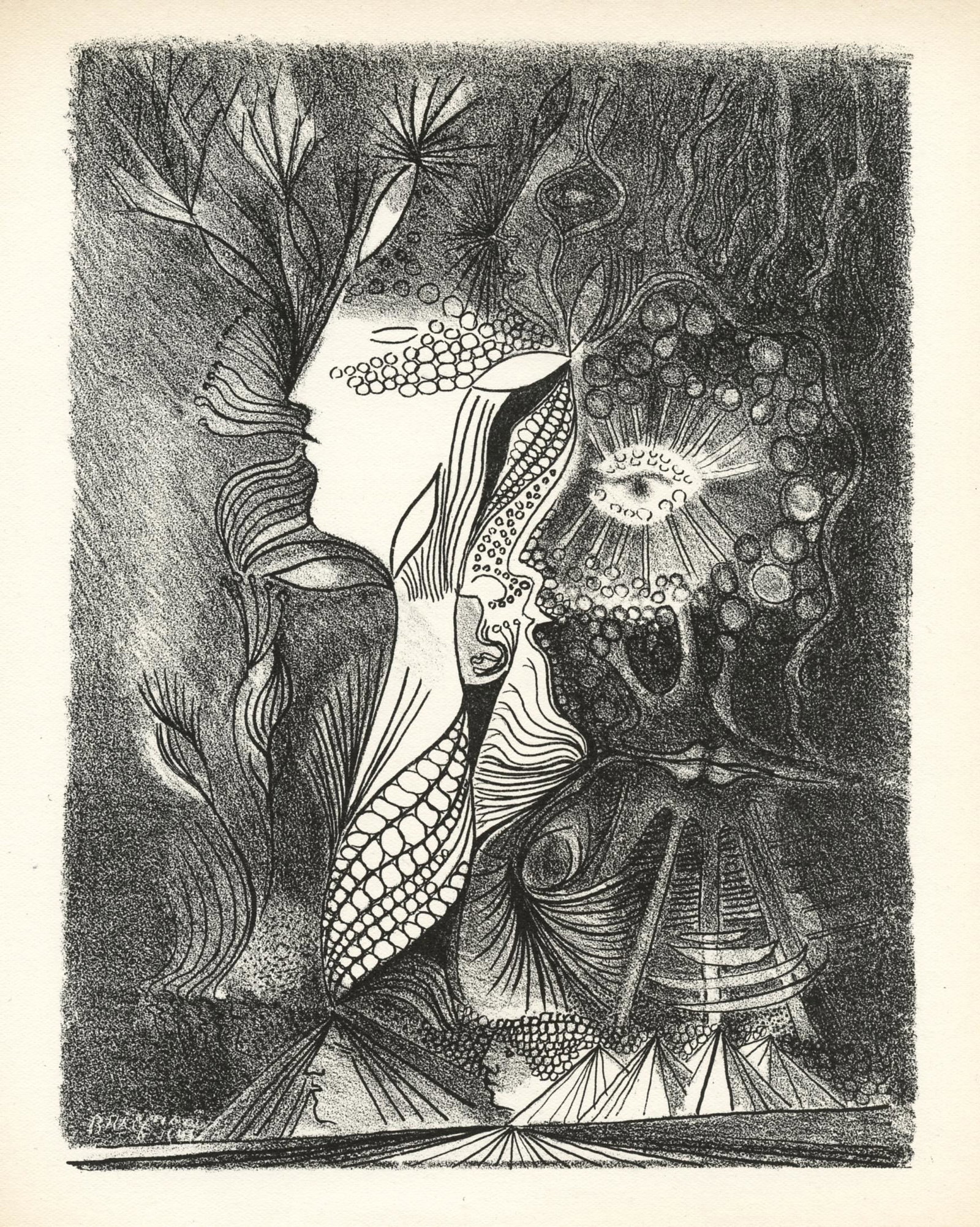 Serge Brignoni original lithograph: Medium: original lithograph. Printed in Paris by Mourlot and published by Pierre à Feu and Maeght Editeur for the Marcel Duchamp / André Breton project Surréalisme en 1947. Issued in a limited edit