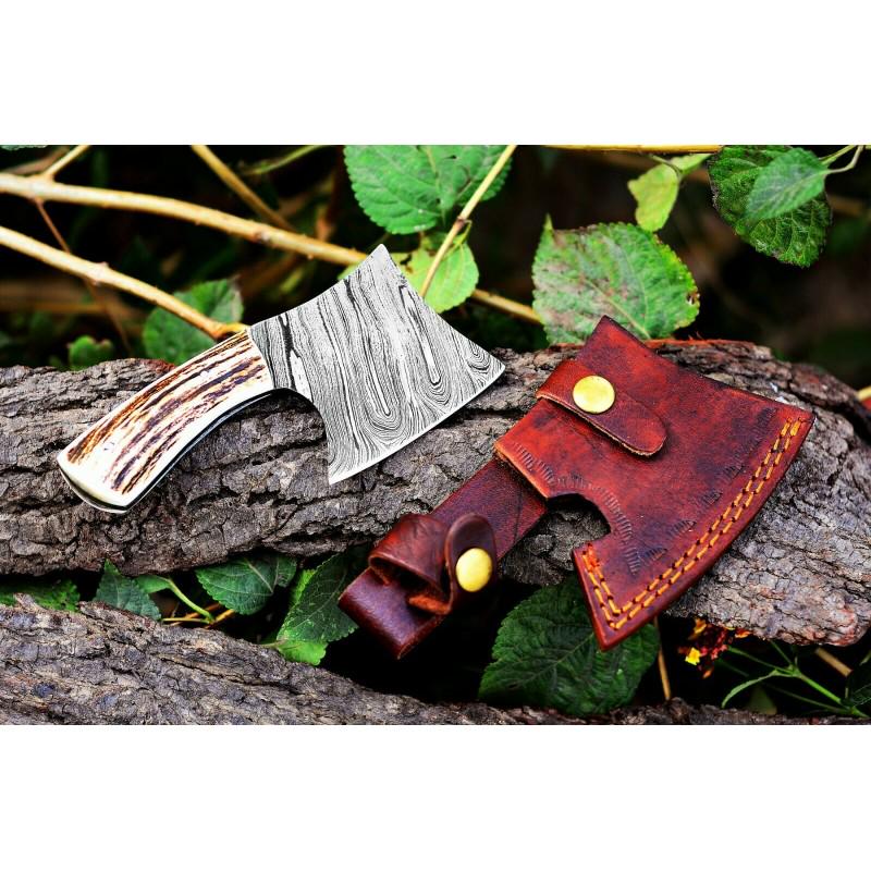 Hatchet handwork axe damascus steel tomahawk horn: Damascus Axe "Salm" The axe is one of the first human-made tools. Simplicity of perfection is the very word used to describe damascus axes. The ax has great impact power, it cuts through armor with ea