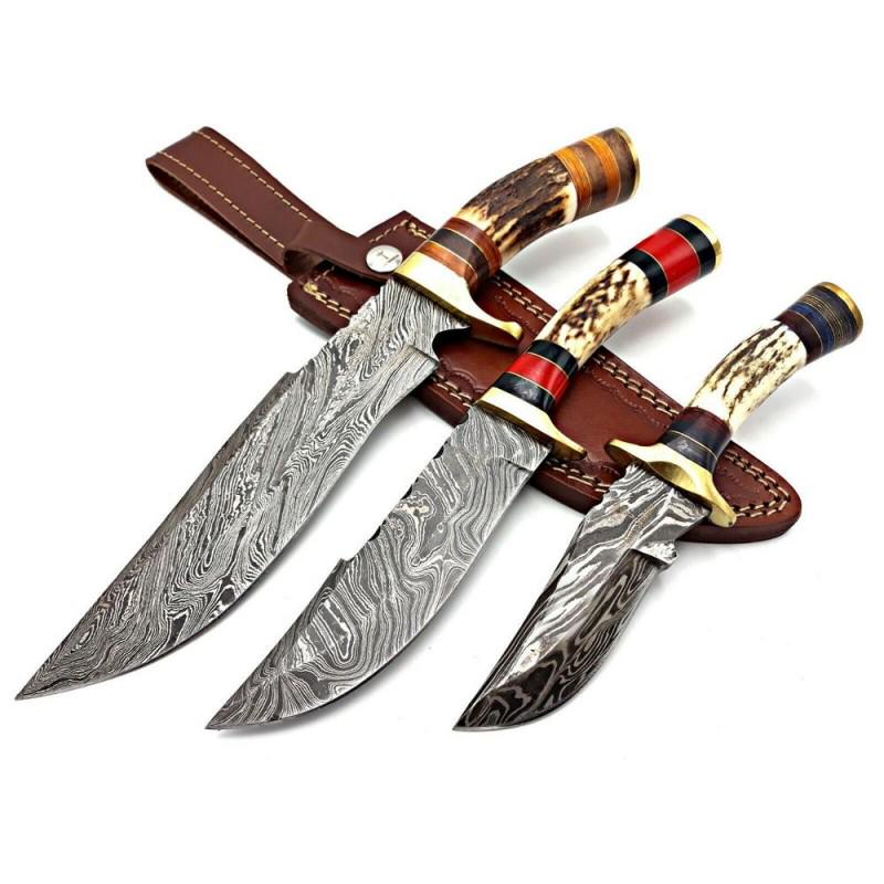 3 pcs SET chef Work Bowie knives damascus steel horn (1 of 5)