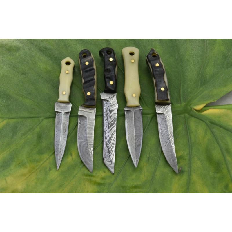 5 pcs SET work hunting damascus steel knife bone horn: 5 pcs SET knives "Amherst" made of damask steel. Handle – camel bone, ram horn and scabbard - genuine leather. Damascus knives are very durable, look great and keep sharpness perfectly. Damascus ste
