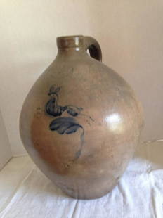 Bennington Rabbit Jug: 4 gallon Bennington, signed, leaping rabbit decorated jug, Norton & Fenton, Bennington, VT; c 1840. This beautiful piece is in excellent condition, with three stone spits from firing in lower section