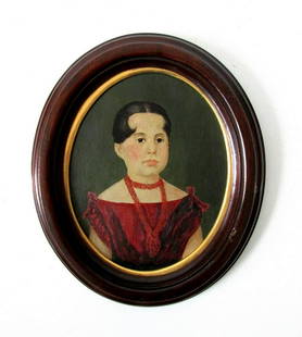 PRIOR SCHOOL PORTRAIT: Title: PRIOR SCHOOL PORTRAITDate/Period: C 1840Materials: Oils on Artist Board, Mahogany FrameDimensions: 13 7/8"H X 11 13/16"W X 1 3/8"D (frame), 9 3/4" X 7 3/4" (sight)Additional Information: