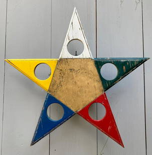 C1940 star with original colorful paint: Title: C1940 star with original colorful paintDimensions: 18" tip to tip.Provenance/Additional Info: Plywood. Some paint wear, otherwise GC. Probably fraternal. Shipping:Domestic: Flat-rate of
