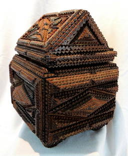 Whimsical 19th c. American Tramp Art Box: Title: Whimsical 19th c. American Tramp Art BoxDimension: 9 1/2" H x 7 1/2" W x 7" DAdditional Information: Whimsical 19th c. American Tramp Art Box with a watercolor on the inside of the lid