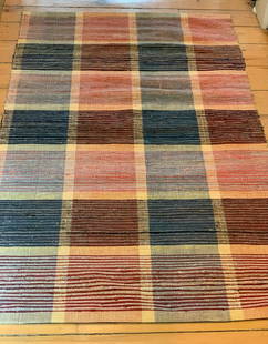 Early 20th c Rag Carpet: Title: Early 20th c Rag CarpetDate/Period: Early 20th cDimension: 4 ft. 10 in. x 36 in.Additional Information: Salmon, shades of blue, black & white horizontal stripes Shipping:Domestic: Flat-rate