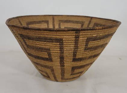Deep Pima woven basketry bowl ca 1900-1920: Title: Deep Pima woven basketry bowl ca 1900-1920Provenance/Additional Info: A nice, large basketry bowl with geometric decoration in excellent condition. No rim loss. Good color. Has not been