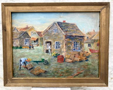 C1940’s oil on board with lobster traps: Title: C1940’s oil on board with lobster trapsDimensions: Total framed size is approximately 9 1/4" x 11 /2".Provenance/Additional Info: Found in Maine. GC with 3 small wear spots in sky above the