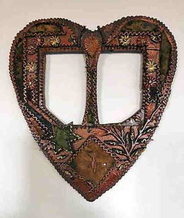 Tramp Art Heart-shaped Frame: Tramp art heart-shaped double portrait frame. These were called 'Wedding' frames due to finding images of couples in their compartments. Unusual rare form. Not common to find heart-shaped frames.