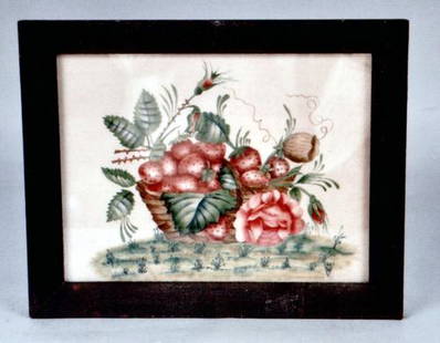 A fine late 19th century theorem on velvet: Title: A fine late 19th century theorem on velvetDate: c. 1880Dimensions: frame 10 1/2" x 13"; sight 8" x 10 1/2"Provenance/Additional Info: of a basket of berries and flowers in a period frame
