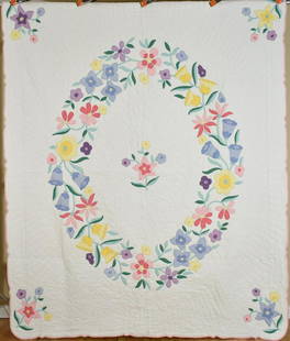 30's Floral Wreath Applique Quilt: Cotton 30's floral wreath quilt, all hand appliqued and hand quilted with a subtly scalloped edge. It measures 78" X 92" and has hand quilting around the applique and in straight line, feathered, and