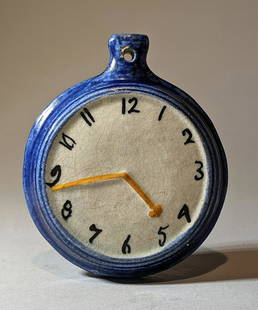 Prattware Faux Pocket Watch 1800: Title: Prattware Faux Pocket Watch 1800Origin: EnglishDimension: 3" H x 2 1/2" DAdditional Information: Prattware faux pocket watch was used to replace the actual watch on the hutch / stand.