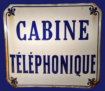 Enameled Iron French Telephone Sign: Title: Enameled Iron French Telephone Sign Date/Period: 1910 Origin: French Dimension: 14" H x 15 5/8" W Additional Information: Enameled heavy-gage iron French telephone booth sign