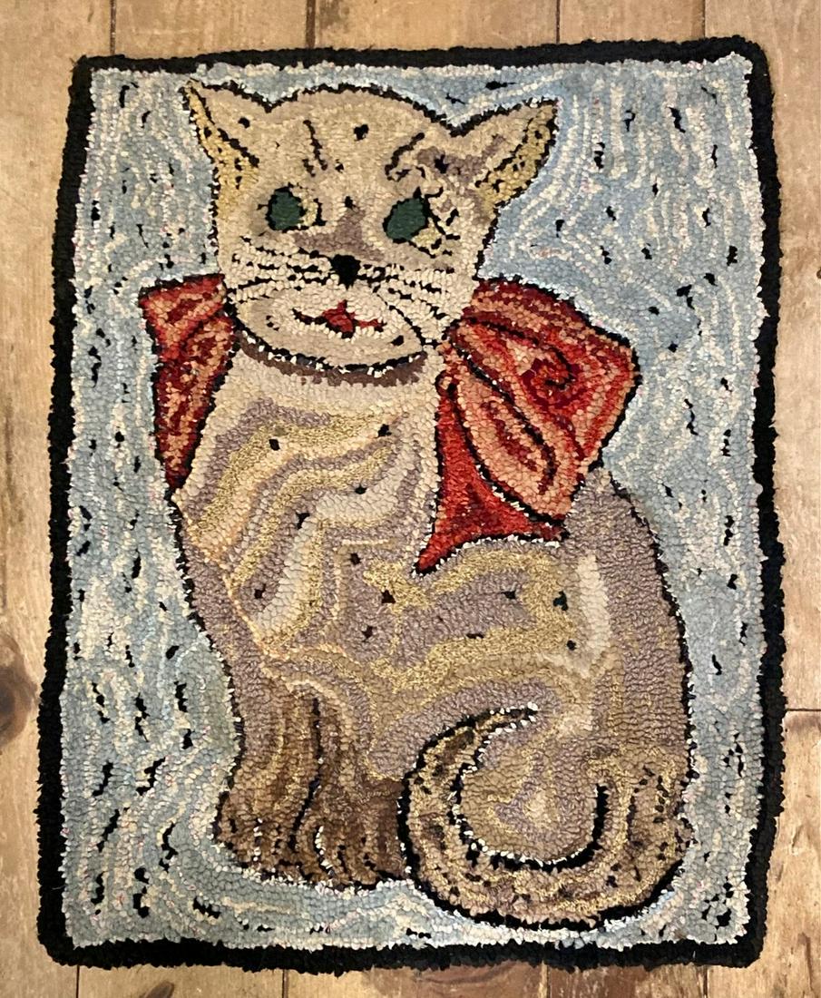 C1930 green eyed cat hand hooked wool rug (1 of 6)