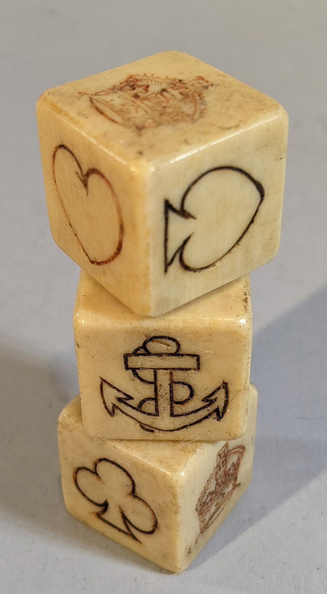 Early Faux Bone / Ivory Resin Nautical Dice: Title: Early Faux Bone / Ivory Resin Nautical Dice Dimension: Additional Information: 1" square early faux bone / ivory resin nautical dice possibly celluloid. C. 1900. Shipping: Domestic: Flat-rate o