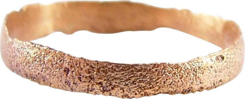 VIKING MAN’S WEDDING RING C.850-1050 AD SZ 11: Gilt bronze. 3.9mm width. Low rounded band, large size 11. Surface texture from burial. Vikings exchanged rings on the pommel of the groom's sword. Professionally refurbished with the 24karat gold ove