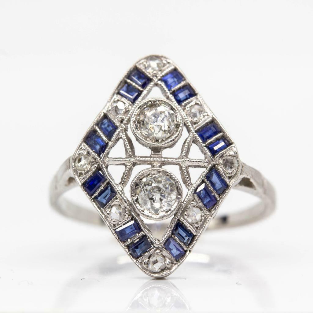 Antique Art Deco Platinum Diamond and Sapphire Ring (1 of 14)