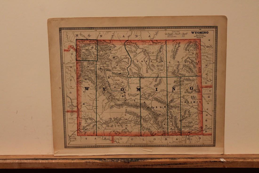 1883 Map of Wyoming: Author: Cram Title: 1883 Map of Wyoming Medium: Ink on Paper Dimensions: 13.5"X11" Map of Wyoming dated 1883. Printed and published by George Cram in Chicago. Part of his Word Atlas. Key upper right. 