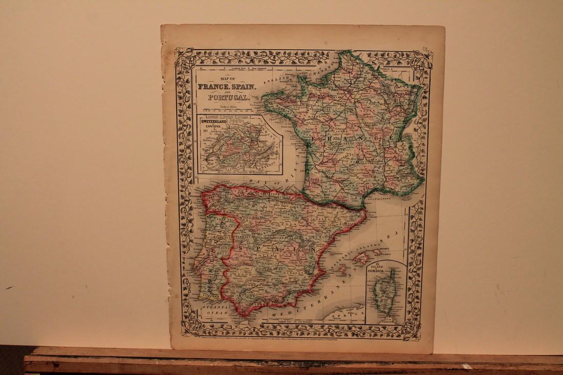 1867 Map of France, Spain and Portugal (1 of 3)