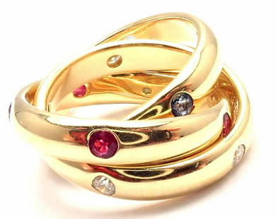 Cartier 18k Yellow Gold Ruby Sapphire Diamond Trinity: Cartier 18k Tricolor Gold Ruby Sapphire Diamond Gold Trinity Band Ring Cartier 18k Yellow Gold Ruby Sapphire Diamond Trinity Band Ring Product Description About This Piece: About Cartier: The