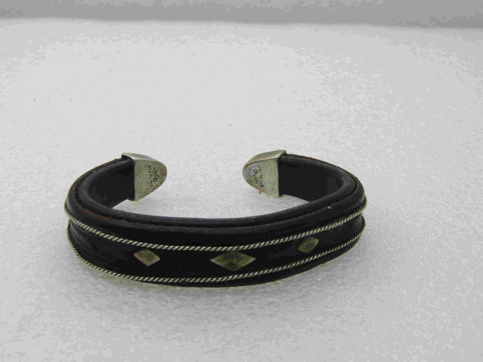 Vintage Sterling Leather Southwestern Cuff Bracelet, (1 of 6)