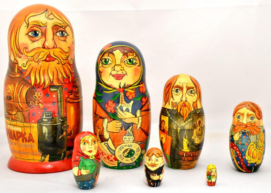 Matreshka: Dimensions: 10 × 22 cmMatreshka “Russian fair”. Traditional russian wooden nesting doll. Handmade, handpainting, 7 pcs. Reserve: $149.00 Shipping: Domestic: Flat-rate of $50.00 to anywhere within