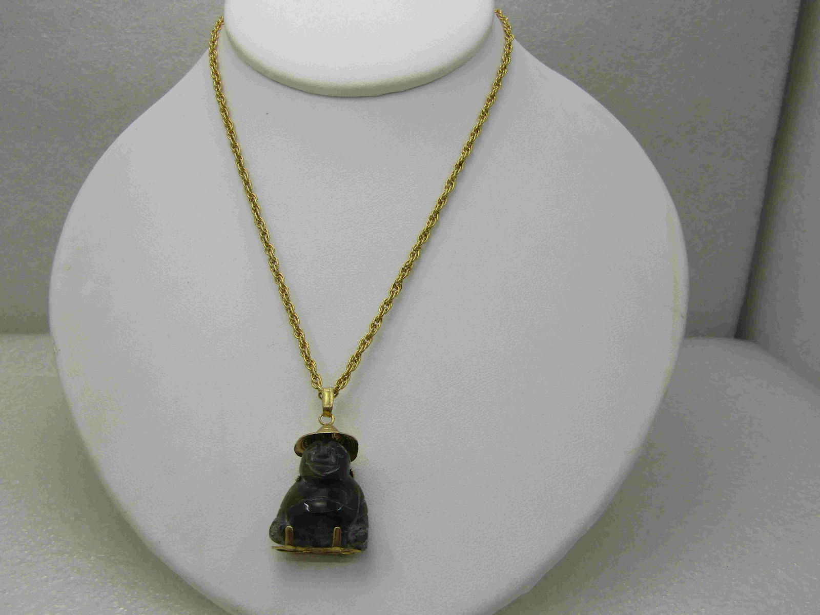 Vintage Asian Carved Jade Buddah-Like Pendant, 18", (1 of 6)