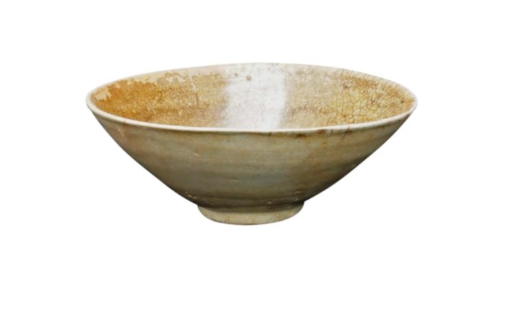 Korean Goryeo/Josean Celadon Conical Bowl: A very old bowl with flaring sides and with a bluish green celadon glaze on the exterior. The interior is predominantly an olive brown with the celadon still visible along the rim and upper portions, 