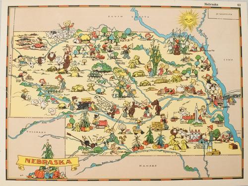 1938 R Taylor White Pictorial Map of Nebraska --: Title: 1938 R Taylor White Pictorial Map of Nebraska -- Nebraska Cartographer: Ruth Taylor White Year / Place: 1938, Boston Map Dimension (in.): 11.6 x 8.5 in. This is Ruth Taylor White's charming pic