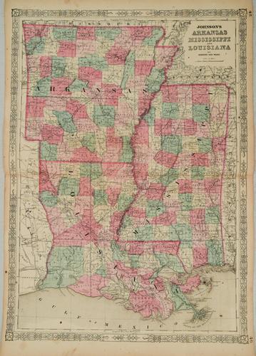 1864 Johnson Map of Arkansas, Mississippi and Louisiana: Title: 1864 Johnson Map of Arkansas, Mississippi and Louisiana -- Johnson's Arkansas, Mississippi and Louisiana Cartographer: Johnson and Ward Year / Place: 1864, New York Map Dimension (in.): 17 X 24