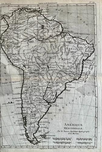 South America by Bonne/ Raynal. 1780: Title: South America by Bonne/ Raynal. 1780 Date/Period: 1780 Materials: Copperplate engraved Size: 13 1/2 x 9 3/4 Beautiful detailed map shows all the principle cities, rivers. 1780, cartographer Rig