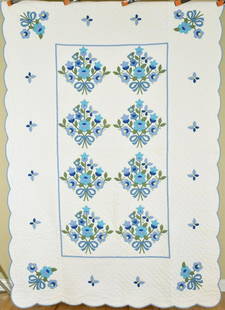 Matched Pair of Applique Quilts: This cotton 40's matched pair (two quilts) of floral bouquet quilts is hand appliqued and hand quilted, with hand embroidered accents and scalloped edges. Each measures 64" X 90" and is in excellent c