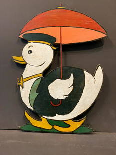 c. 1940 Cartoon/Fairy Tale Duck Lawn Ornament: Title: c. 1940 Cartoon/Fairy Tale Duck Lawn OrnamentDate/Period: c. 1940Dimension: 15 1/2 in. x 11 in.Additional Information: Duck with a Beret and Bow-tie clutching in its wing a two-tone Umbrella.