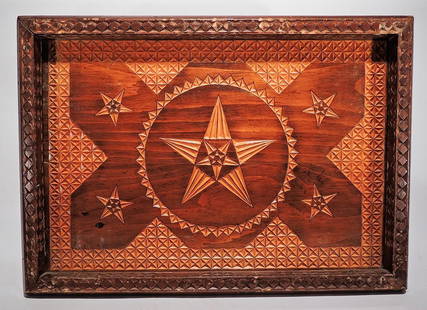 Geometrical Patterns Carved Tray: Title: Geometrical Patterns Carved Tray Date/Period: 1920's Origin: American Dimension: 12 1/2" H x 17 1/2" L x 1 1/2" D Provenance:Geometrical patterns carved tray with complex star patterns under