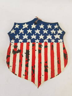 Iron shield, found in PA: Vintage with old paint. Measures 8 by 7 inches. Weight 4.5 pounds.. Shipping: Domestic: Flat-rate of $15.00 to anywhere within the contiguous U.S. International: Foreign shipping rates are determined