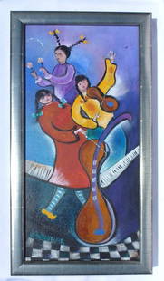 A colorful Painting of musicians signed N. Bargebuhr: This is a painting on canvas of 3 musicians, signed N. Bargebuhr. It is stretched on wood and then the entire piece is framed. the overall size is 21 1/2 x 11 1/2 x 1 1/4, while the painting itself