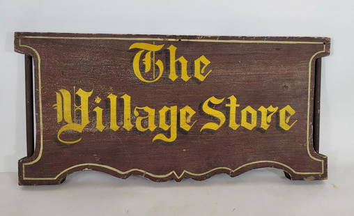 Village store wooden sign ca 1960's: Title: Village store wooden sign ca 1960'sProvenance/Additional Info: A very nice vintage sign with bold yellow lettering, great surface and form.Dimensions:24 1/2" long x 11 1/2" high x 1 1/8" thick