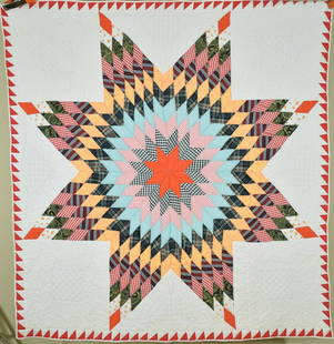 40's Lone Star Quilt, Sawtooth Border: Cotton 30's/40's lone star quilt, all hand pieced and hand quilted, with a red sawtooth border. It measures 70" X 74" and has quilting around the piecework and in elaborate floral, grid, and