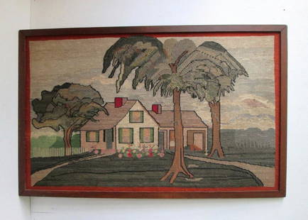 RARE PETIT POINT HOOKED RUG: Title: RARE PETIT POINT HOOKED RUGDate/Period: C 1900Dimension: 26”H X 41”W X 3/4”D (frame) Material: Wool on LinenAdditional Information: Elaborate scene, very fine detailing