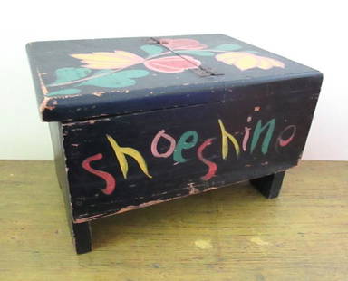 EARLY SHOESHINE BOX: Title: EARLY SHOESHINE BOX Date/Period: C 1920&#8217;s Dimension: 7 1/4&#8221;H X 11&#8221;W X 8&#8221;D Material: Pine Additional Information: Dry original painted surfaces, the bootjack ended box wi