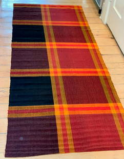 Spectacular early Rag Carpet, c. 1900: Title: Spectacular early Rag Carpet, c. 1900Date/Period: c. 1900Dimension: 6 ft. 2 in. x 32 in.Additional Information: Complex color gradation. A few age appropriate wear spots. Black, mustard & red.