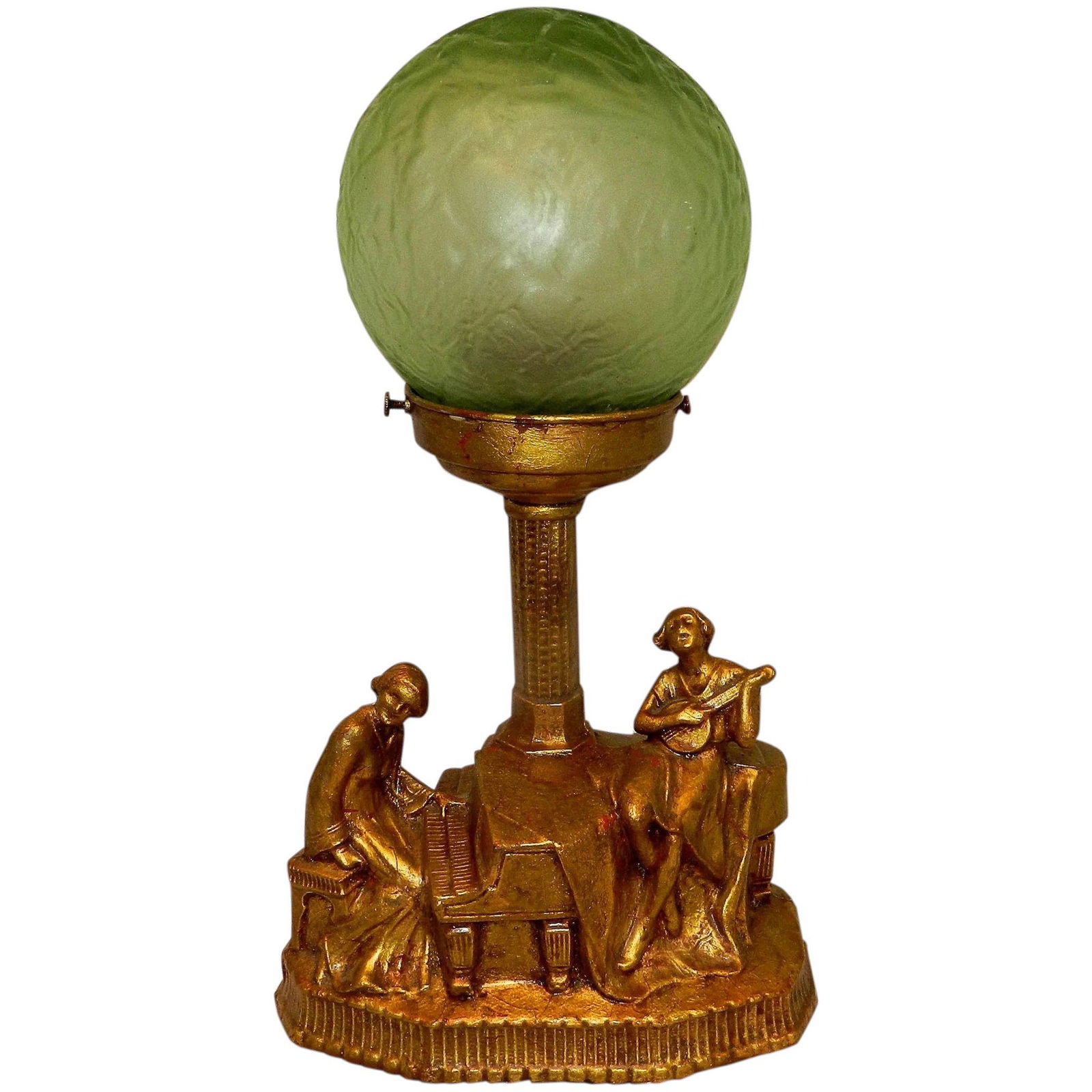 Vintage Art Deco Spelter Lamp with Green Globe and Two (1 of 9)