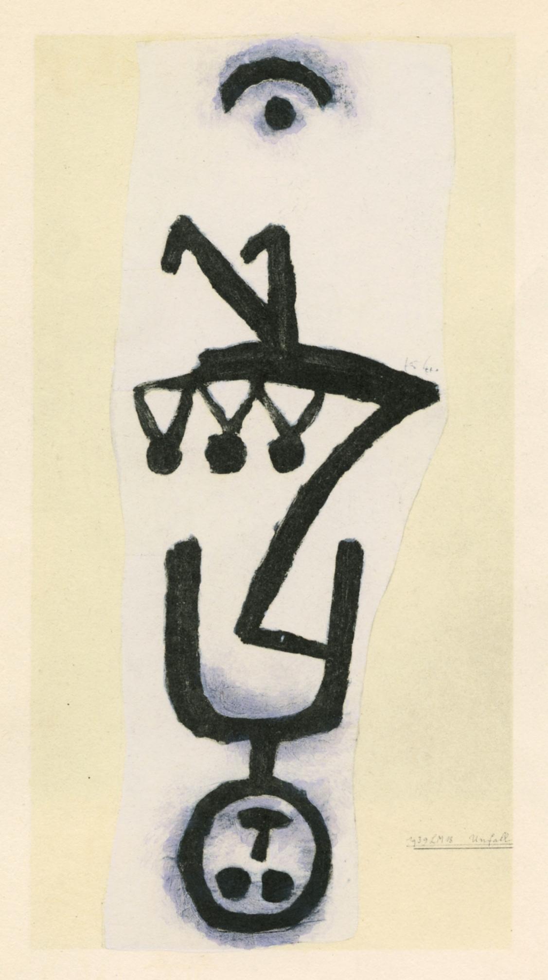 Paul Klee pochoir "Unfall (Accident)": Medium: pochoir (after the 1939 gouache). Printed in Paris by Daniel Jacomet and published in 1959 by Heinz Berggruen. The image measures 6 1/4 x 3 1/4 inches (160 x 85 mm). There is another Paul Klee