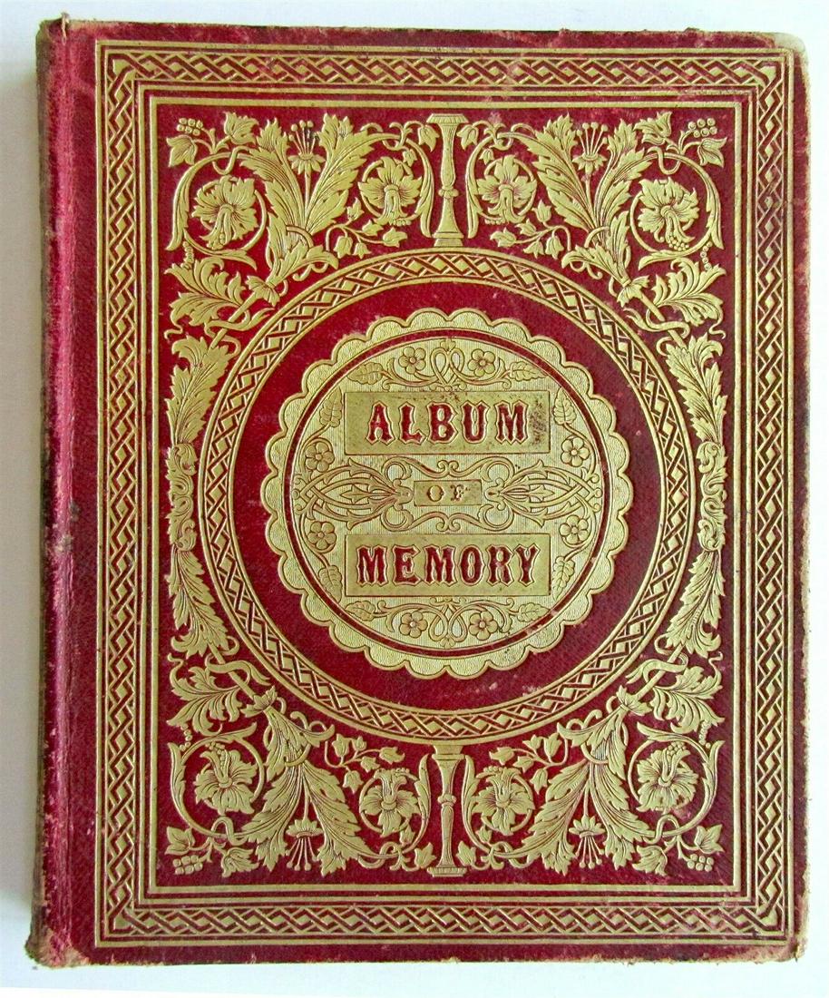 VICTORIAN FRIENDSHIP ALBUM of MEMORY antique FORGET ME: Victorian Forget Me Not album Bound in red morocco, front cover stamped in gilt. Album leaves of alternating colors of pink, blue and yellow. Couple of pages are filled. Others are blank. A few with c